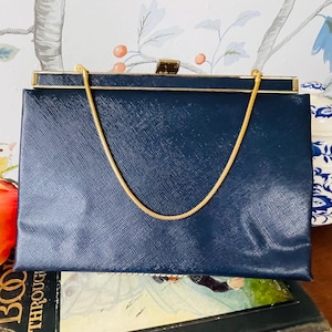 Bolso Millay de piel azul marino / Bolso de hombro estilo saffiano vintage de los años 50 / Bolso de noche con cadena dorada, regalo para ella