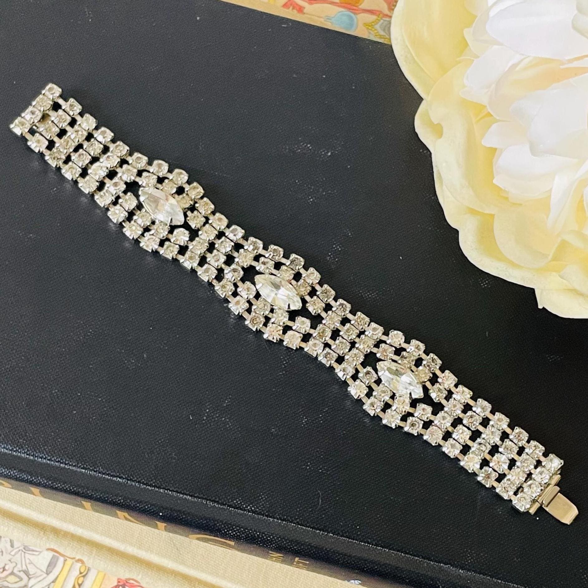 Vintage Kramer Rhinestone Bracelet | 1940s Art Deco Crystal Cuff 