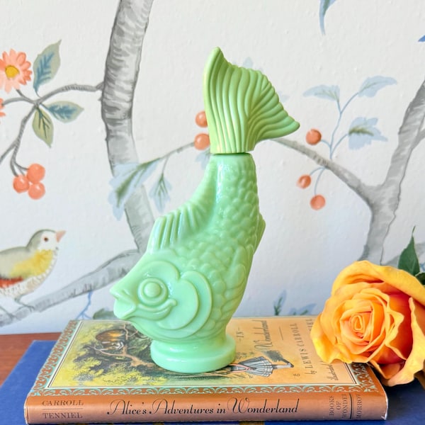 Vintage Avon Jade Glass Koi Fish Perfume Bottle: Sea Spirit Topaze Oil, 1973
