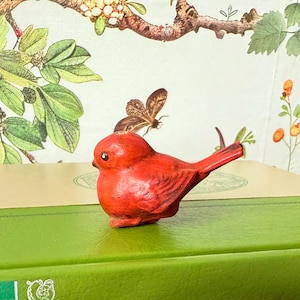 Vintage Red Bird Figurine | Handcrafted MRC Signed Bird Sculpture | Miniature Folk Art Bird Decor | 1980s Hand Painted Bird Collectible Gift