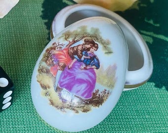 Vintage Limoges Porcelain Egg Trinket Box: French Couple Scene