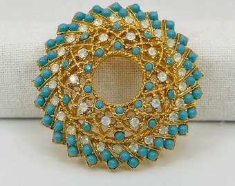Vintage Sarah Coventry Aquarius Simulated Turquoise & Opal Gold Brooch (1970’s)