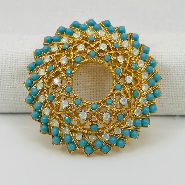 Vintage Sarah Coventry Aquarius Simulated Turquoise & Opal Gold Brooch (1970’s)