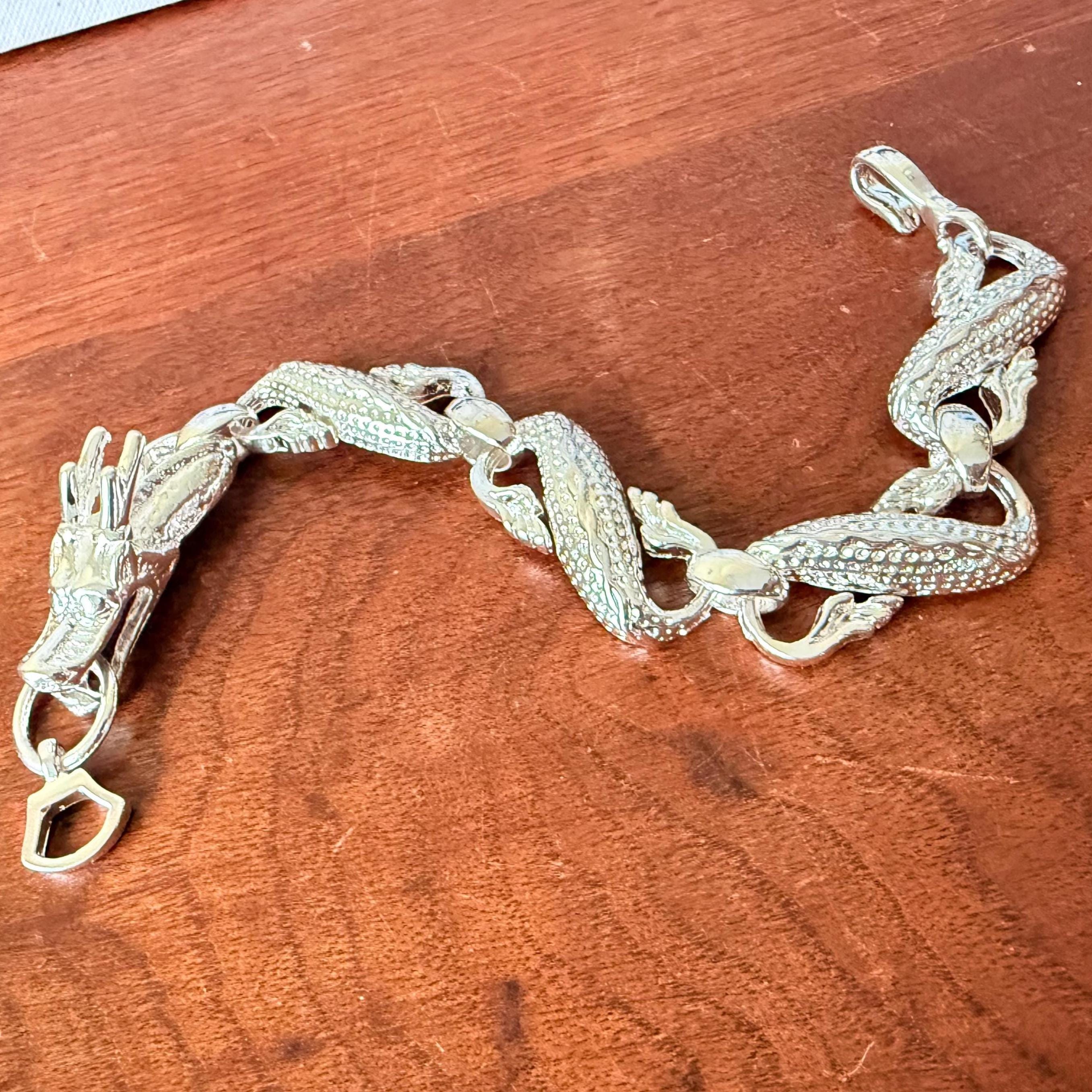 Sterling Silver Dragon Link Bracelet | Y2K Asian Motif Statement