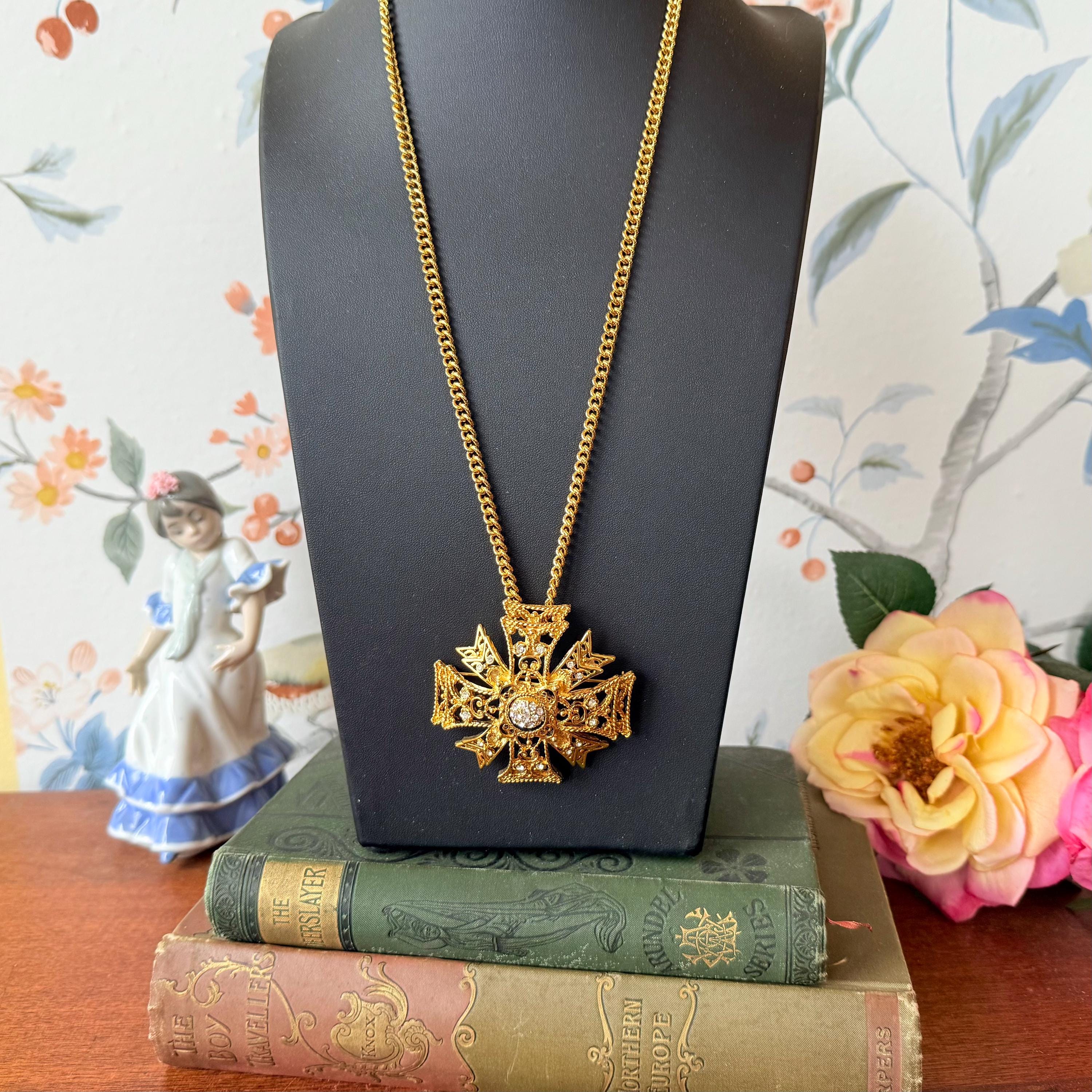 Vintage KJL Maltese Cross Necklace: Gold Crystal Convertible