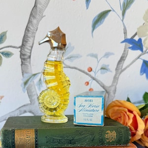 Frasco de perfume miniatura Avon Seahorse | Colônia Cotillion de 1973 | Colecionável vintage Avon | Frasco completo com caixa