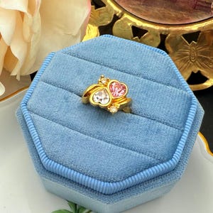 1994 Avon Two Hearts Ring | Vintage Gold Crystal Heart Ring Size 5 | Pink & Clear Promise Jewelry Gift