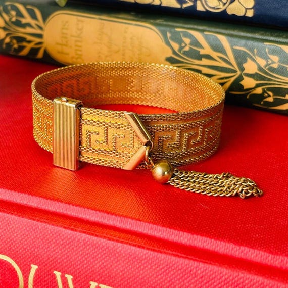 Vintage Greek Key Mesh Bracelet | 1960s Gold Slide Cuff With  display picture 2
