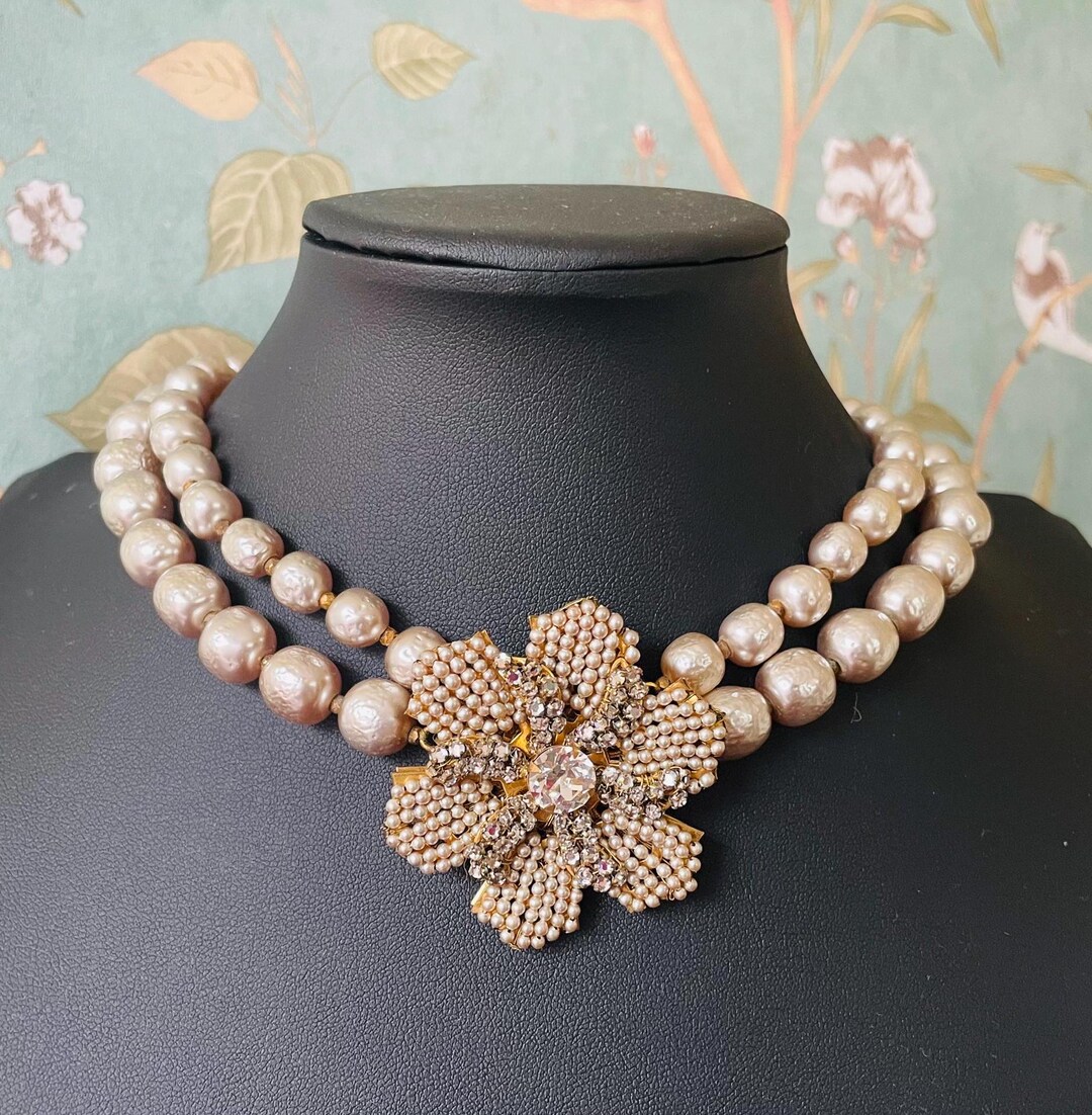 【Ameri VINTAGE】PEARL COLLAR CHOKER Vintage Costume Pearl Collar Necklace Beaded Faux Pearls