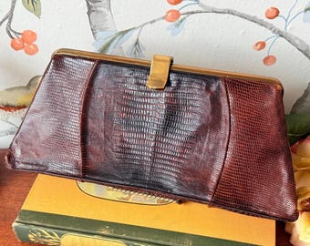 Sac à Main Vintage En Cuir De Lézard Marron - Largeur 33 Cm - Fabriqué En France - Occasion