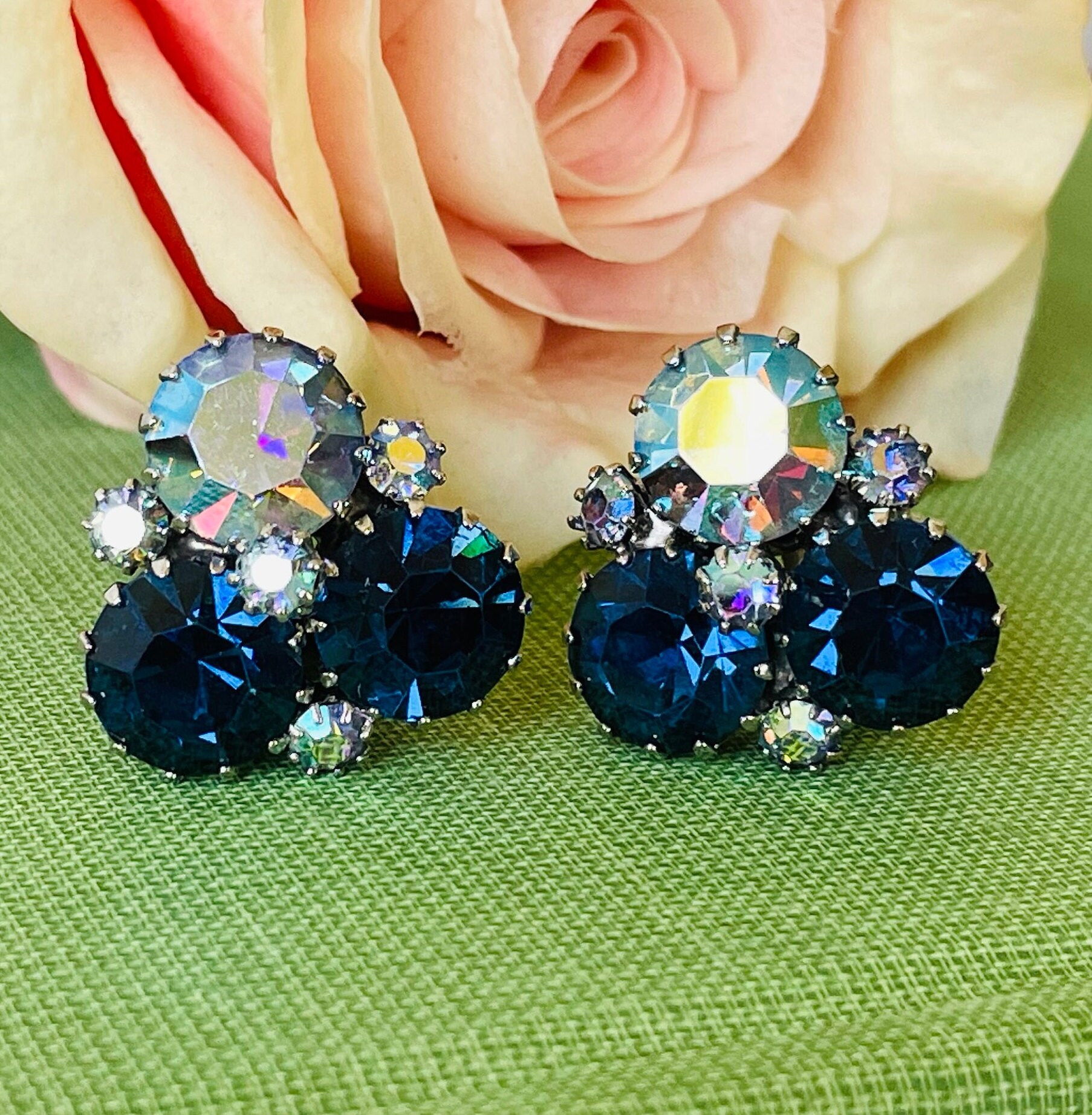 Vintage Weiss Blue AB Earrings | 1950s Crystal Clip-on