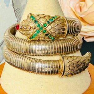 Vintage Emerald & Ruby Crystal Snake Wrap Bracelet | Gold Tone Tubogas Serpent Bangke | Adjustable Statement Cuff | Mid Century Glam Jewelry