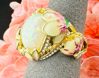 Vintage Enamel Orchid & Simulated Opal Statement Ring | Gold Tone Floral Cocktail Ring | Crystal Costume Jewelry