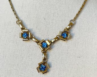 1950s Blue Crystal Choker Necklace: Vintage Austrian Floral Jewelry