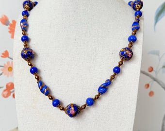 Vintage Murano Wedding Cake Glass Bead Necklace | 1950s Blue Venetian Fiorato Glass Beads | Hand Knotted Italian Art Glass Bead Jewelry
