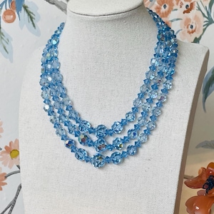 Vintage 1950s Blue Crystal Bead Necklace | Triple Strand Faceted Glass | Old Hollywood Glam Statement