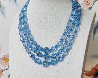 ■VINTAGE HOLLYWOOD■ Bumpy Beads Necklace VH2435NE002M Vintage 1950s Blue Crystal Bead Necklace | Triple Strand