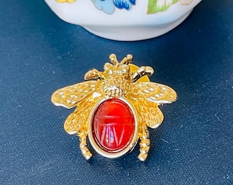 Vintage Ballou Skarabäus Biene Anstecknadel | 1950er Jahre Ägypten Revival Brosche | Bernstein Glas Insekt Schmuck | Mid Century Käfer Anstecknadel