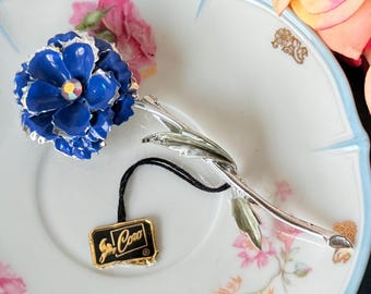 1950s Coro Blue Enamel Flower Brooch | Mid-Century Rhinestone Floral Pin