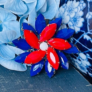Vintage Red White Blue Flower Brooch | 1960s Patriotic July 4th Pin | Independence Day Jewelry | Americana Statement Brooch