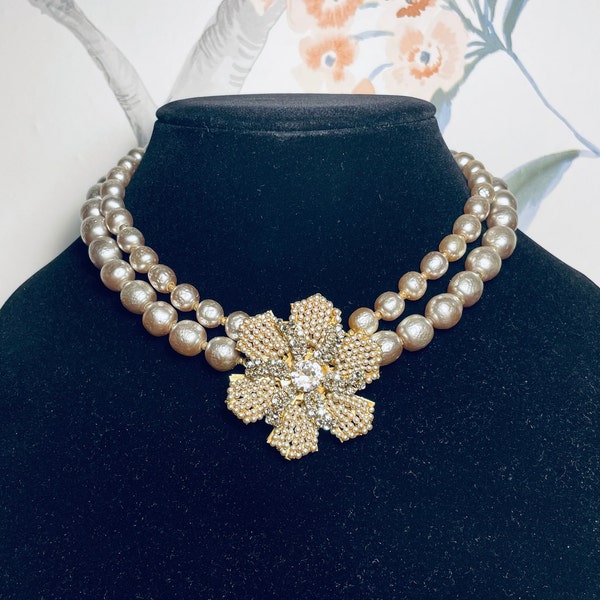 Vintage Miriam Haskell Double Strand Pearl & Flower Choker Necklace (1960)