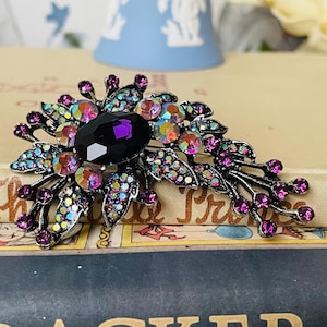 Vintage Aurora Borealis Floral Brooch | 1960s Amethyst Statement Pin | Retro Glam Crystal Flower Clip | Large Sparkling Estate Jewelry