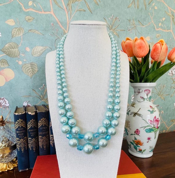 Vintage 1950s Japan Blue Pearl Necklace | Double Strand Aqua Bead
