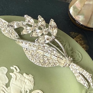 Signed Pell 1950s Rhinestone Leaf Brooch | Mid Century Silver Tone Floral Spray Pin