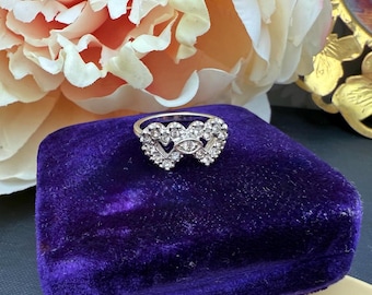 Vintage 1980s Double Heart Ring | Silver Rhinestone Promise Ring Size 5.75 | Romantic Retro Estate Jewelry Gift