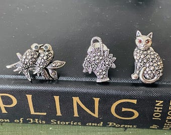 Vintage Avon Marcasite Lapel Pin: 1980s Lovebirds, Cat, Flower Brooch