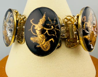 1950s Siam Dancer Bracelet | Gold-tone Thai Goddess Niello Style Statement Piece