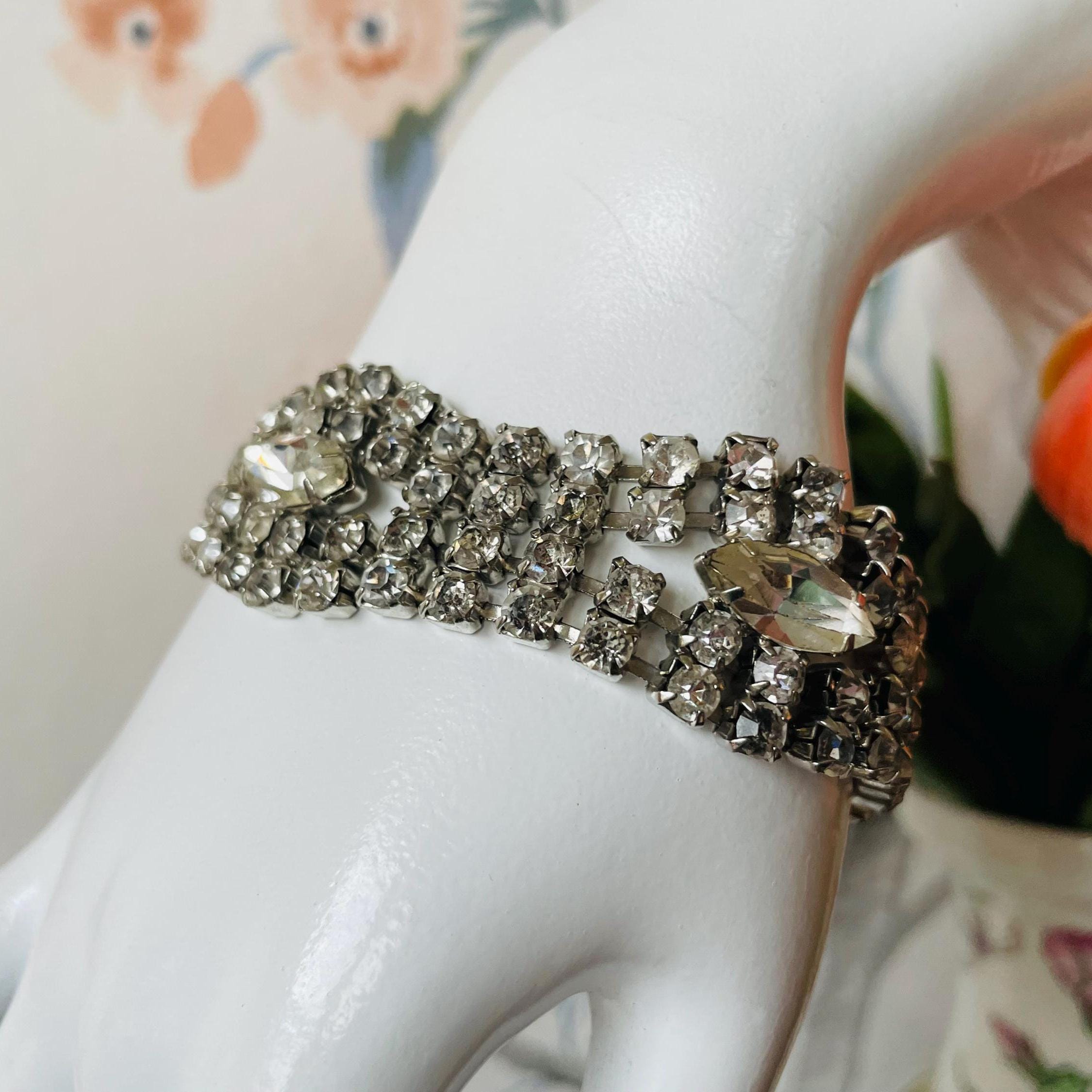 Vintage Kramer Rhinestone Bracelet | 1940s Art Deco Crystal Cuff 