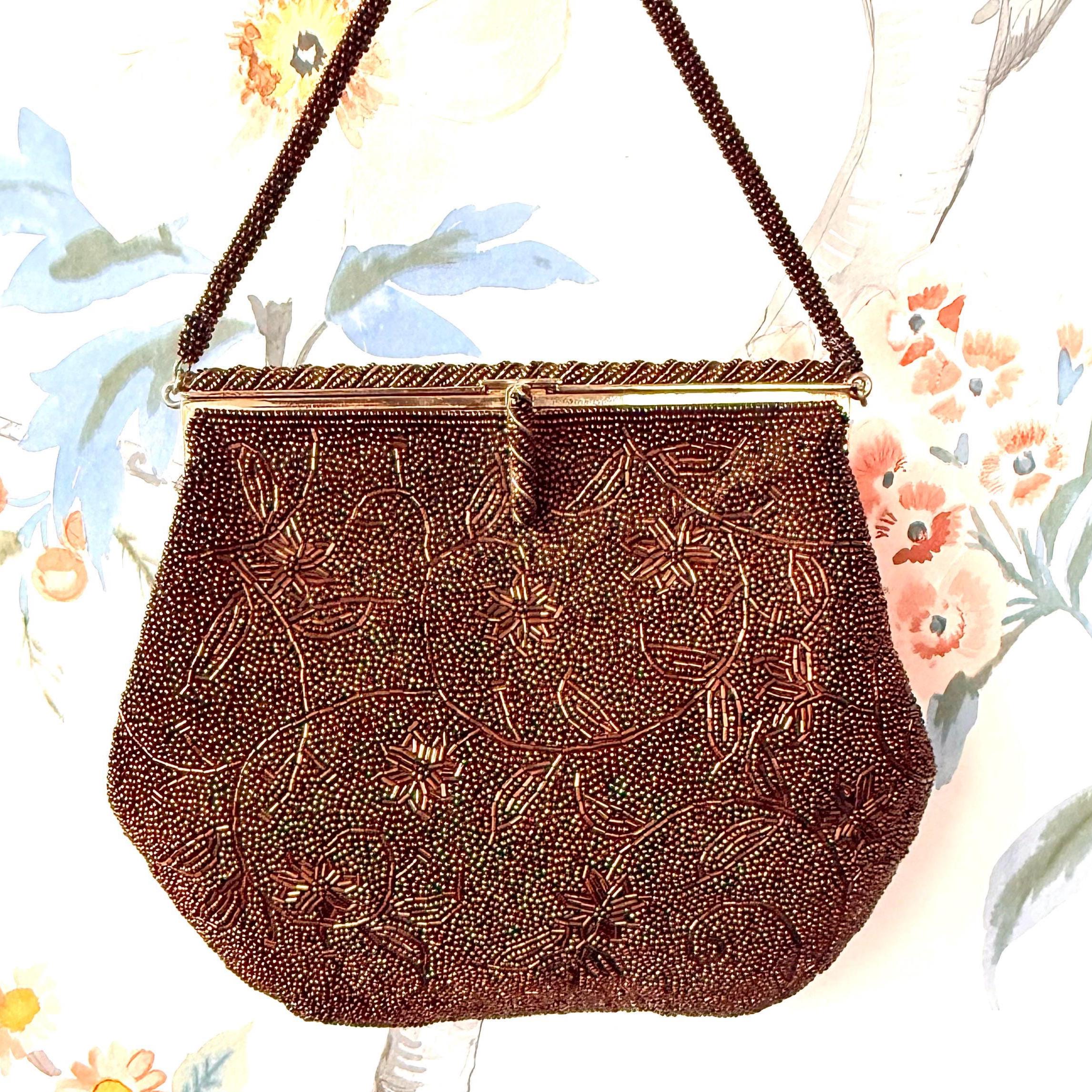 Antique Beaded Evening Bag Edwardian Art Deco Floral Handbag, Bronze Glass Beads