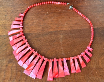 Vintage Red Shell Bib Necklace: 1980s Vibrant Mother of Pearl Fringe Choker