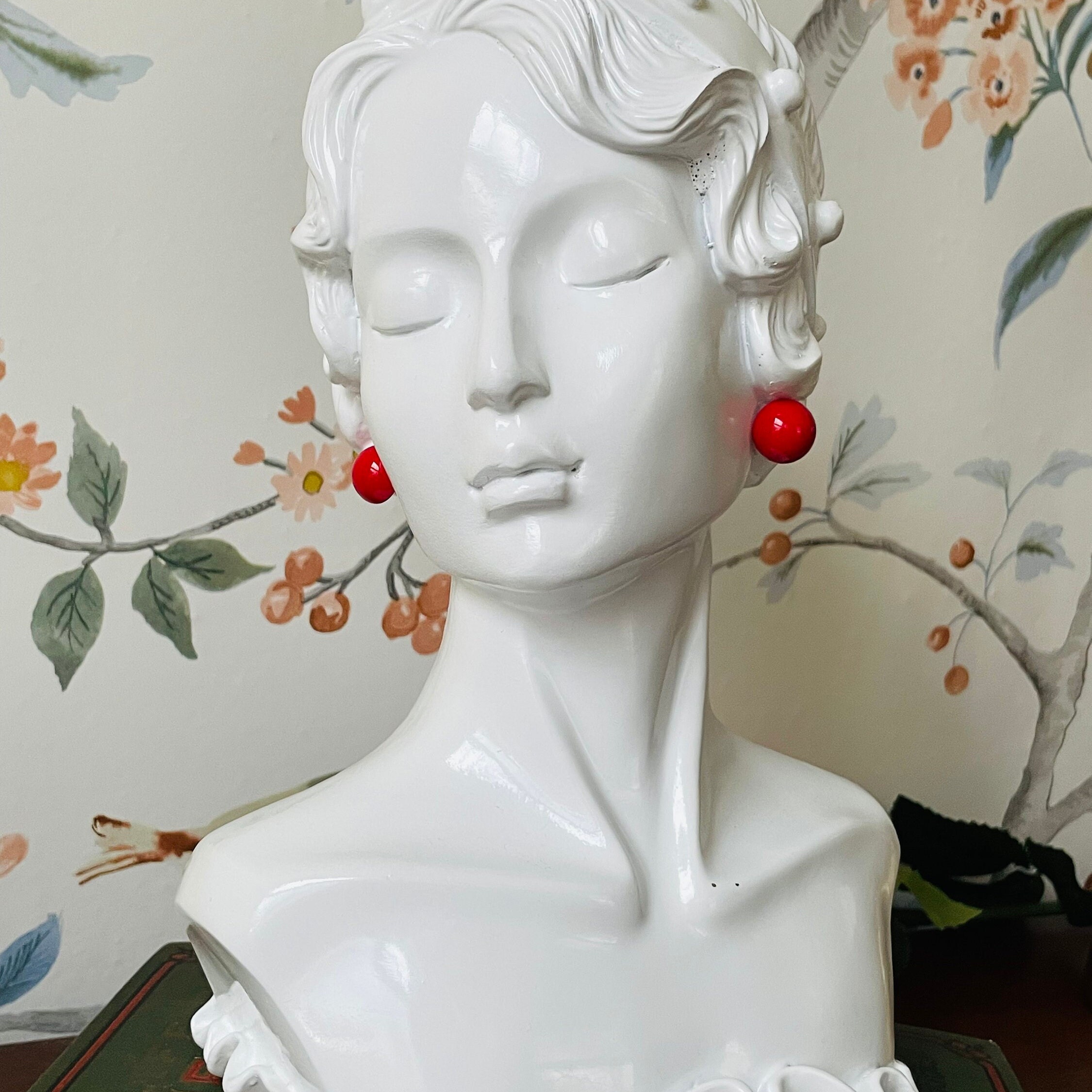 Vintage Cherry Red Lucite Earrings | 1980s Button Studs for Women | Retro Pierced Statement Jewelry | Glossy Red Midcentury Style