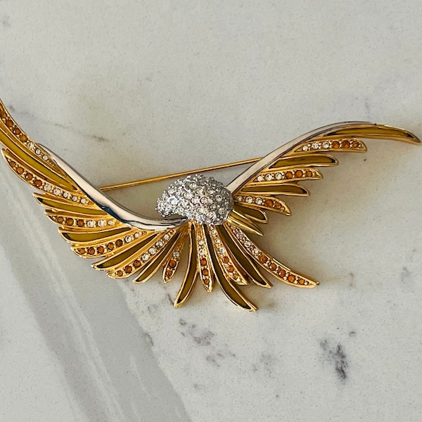 Vintage Joan Rivers Swooping Bird In Flight Rhinestone Silver & Gold Brooch (1980’s)
