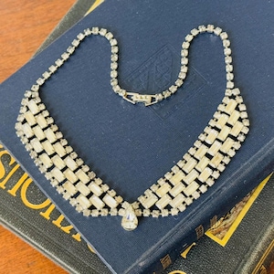 Vintage 1940s Art Deco Rhinestone Bib Necklace | Baguette Crystal Collar Choker | Gatsby Bridal Statement Jewelry