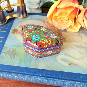 Vintage Cloisonné Fan Shaped Trinket Box | 1950s Enamel Floral Keepsake | Asian Red & Blue Decorative Box | Chinese Cloisonne Gift for Her