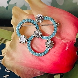 Vintage Triple Loop Brooch | 1960s Turquoise Bead Pin | Crystal Estate Jewelry | Retro Glam Gift