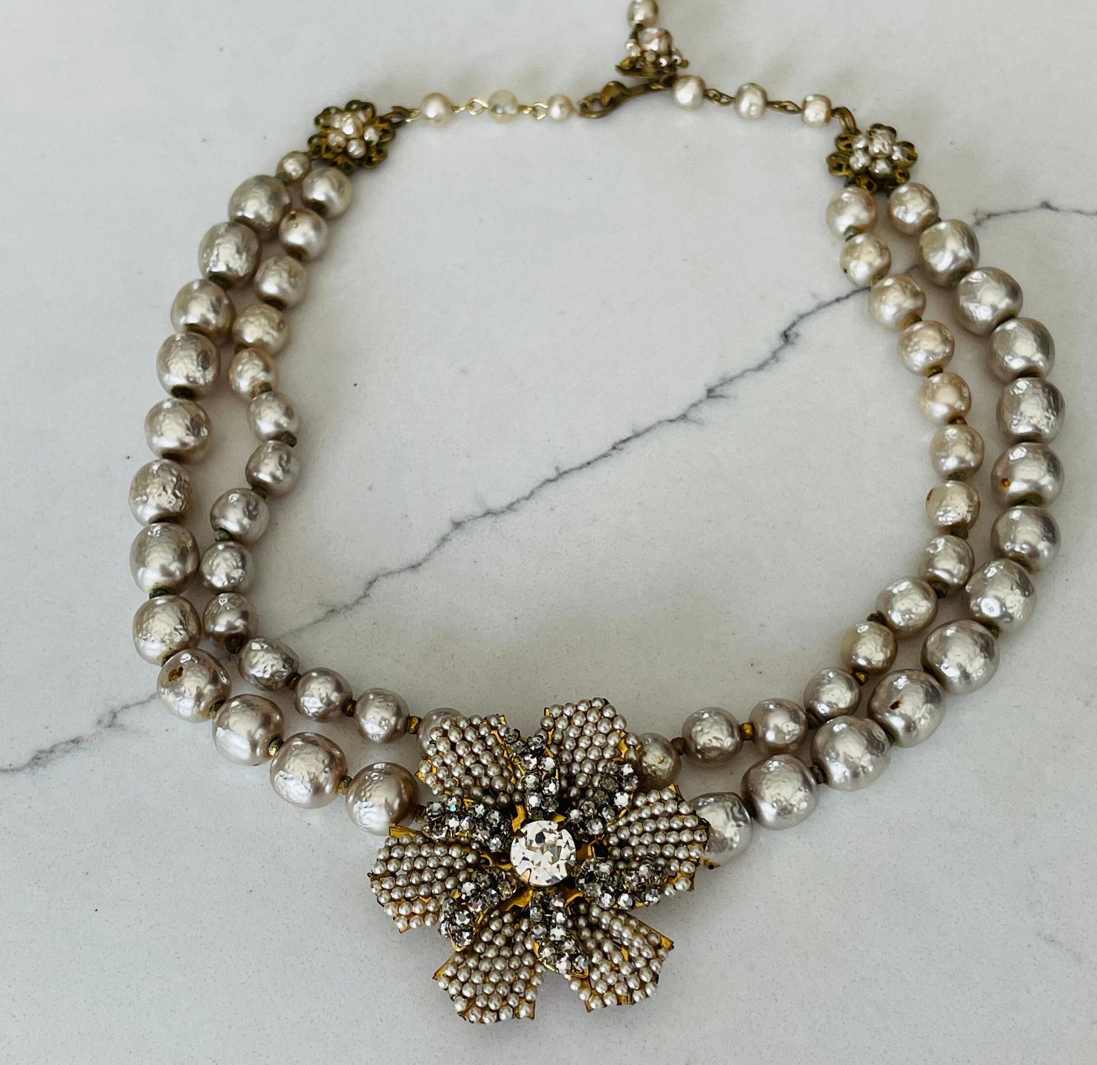 Miriam Haskell Pearl Flower Necklace | Vintage Signed Haskell