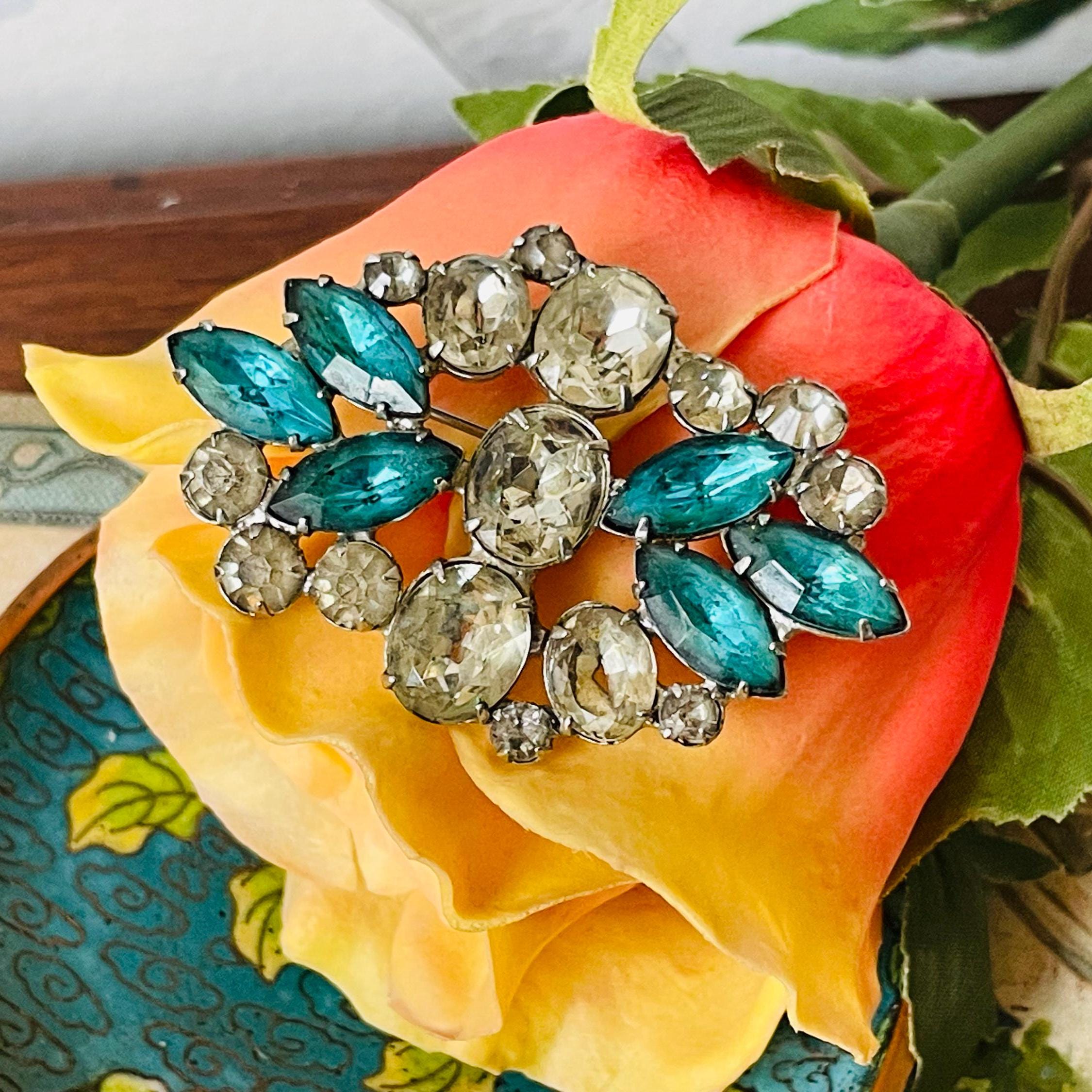Vintage Czech Aqua Crystal Brooch | 1940s Art Deco Rhinestone Pin