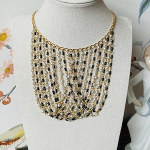 Vintage 1980s Gold, Pearl, and Black Glass Seed Bead Bib Necklace | Retro Glamorous Adjustable Length Statement Necklace