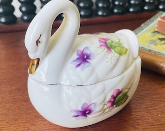 Vintage Lefton Swan Trinket Box: Bone China Violet Floral Decor
