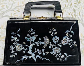 Vintage Lacquer Box Purse | Mother of Pearl Birds, Red Gold Scene Clutch