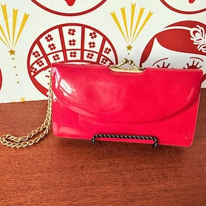 1960s Red Patent Vinyl Clutch Wallet: Vintage Gold Chain Wristlet, Mint Condition