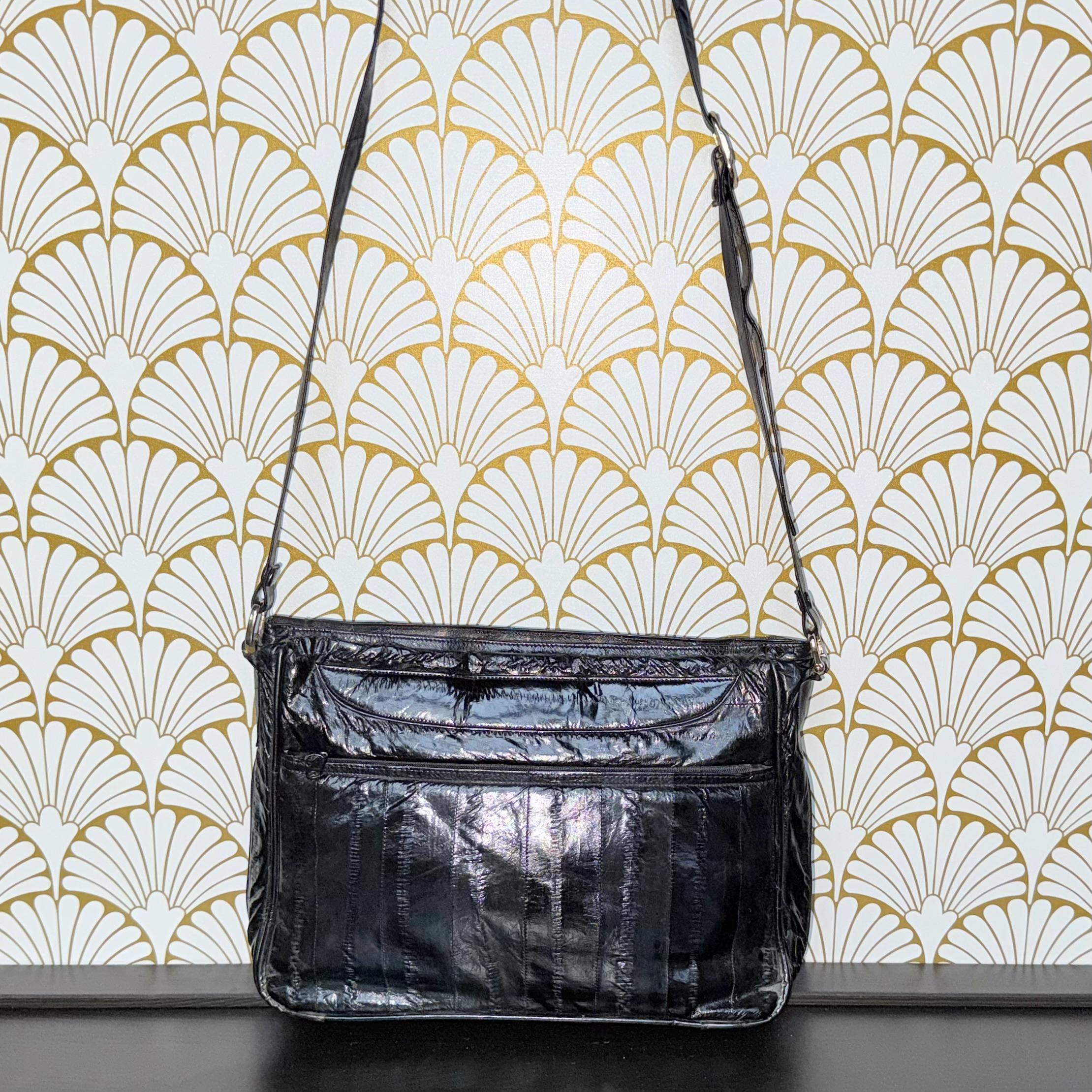 Vintage Black Genuine Eel Skin Shoulder Bag | Adjustable 