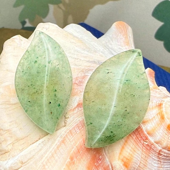 Hand Carved Jade Leaf Clip On Earrings | Vintage Handmade Jewelry | Genuine Green Gemstone Clips | Nature Lover Gift