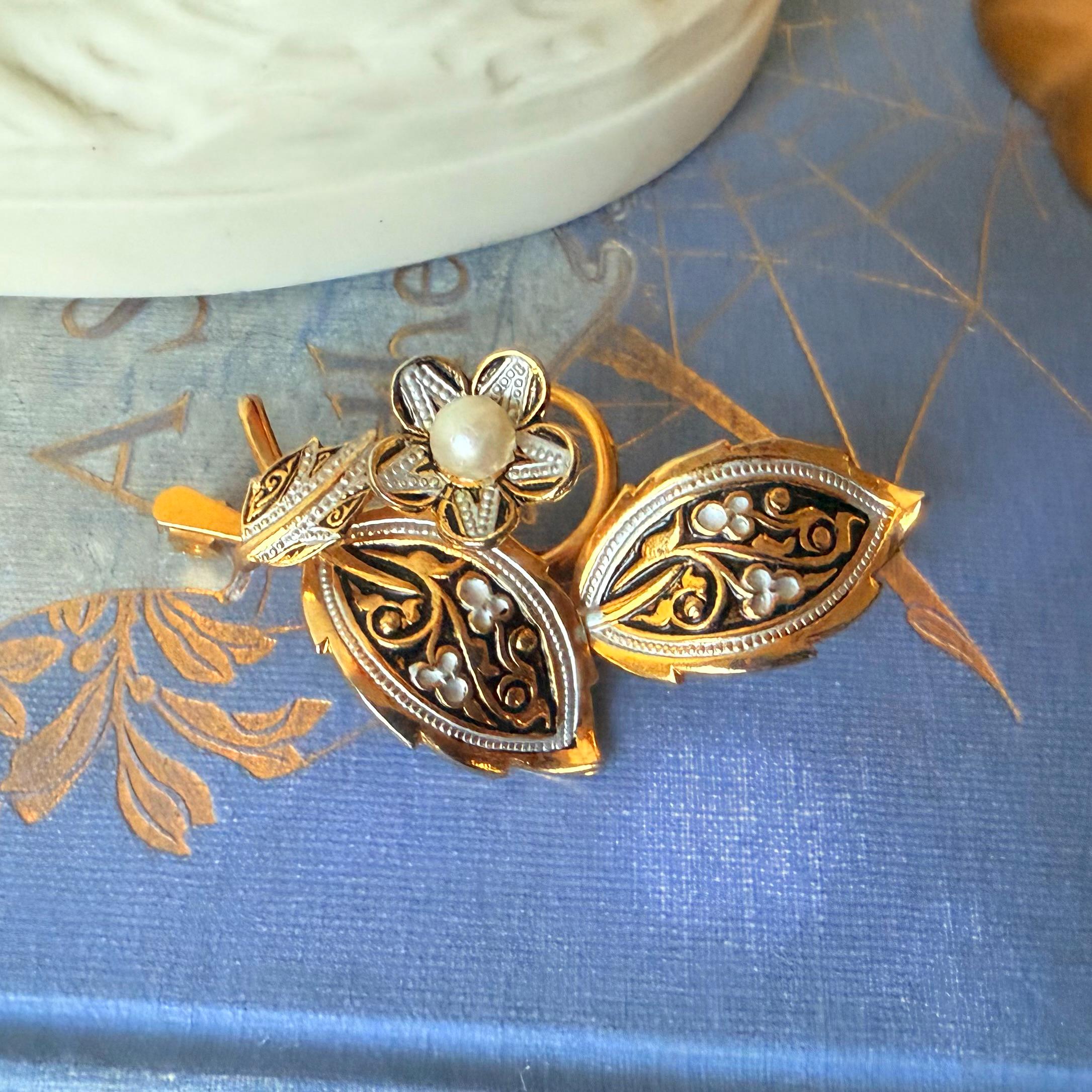 Vintage 24k Gold 18k green gold damascene hair broach made in Toledo Spain Antique Toledo damascene jewelry set, instant collection of  main image 4