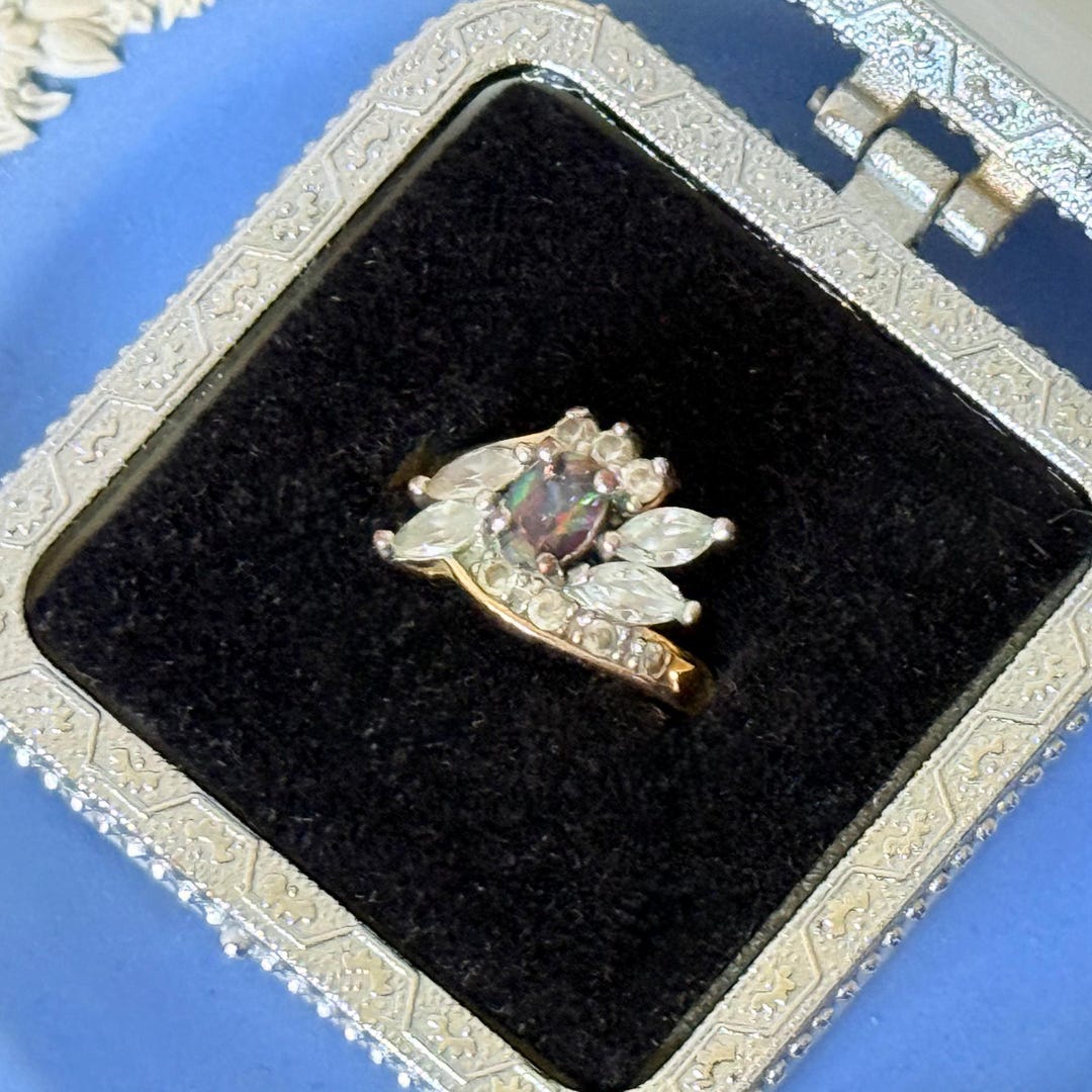 Vintage EDCO Mystic Crystal CZ Ring: 1970s Floral Gold Plated Band ...