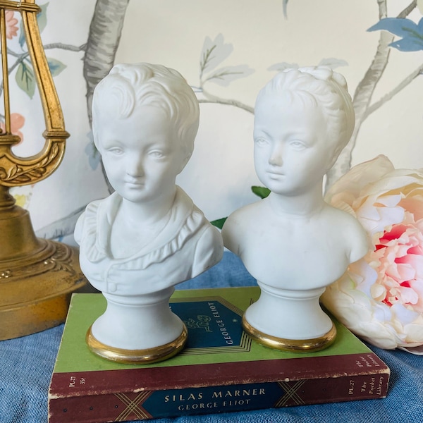 Vintage Lefton Japan Bisque Porcelain Busts of Victorian Pair of Children (1960’s)